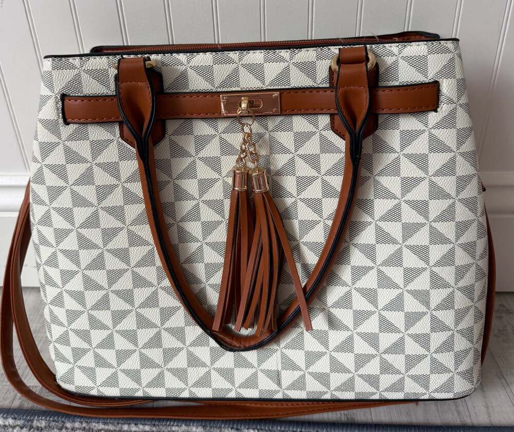 Dasein Women's Geometric Pattern Tote Bag with Tassel and Leopard Print Lining
